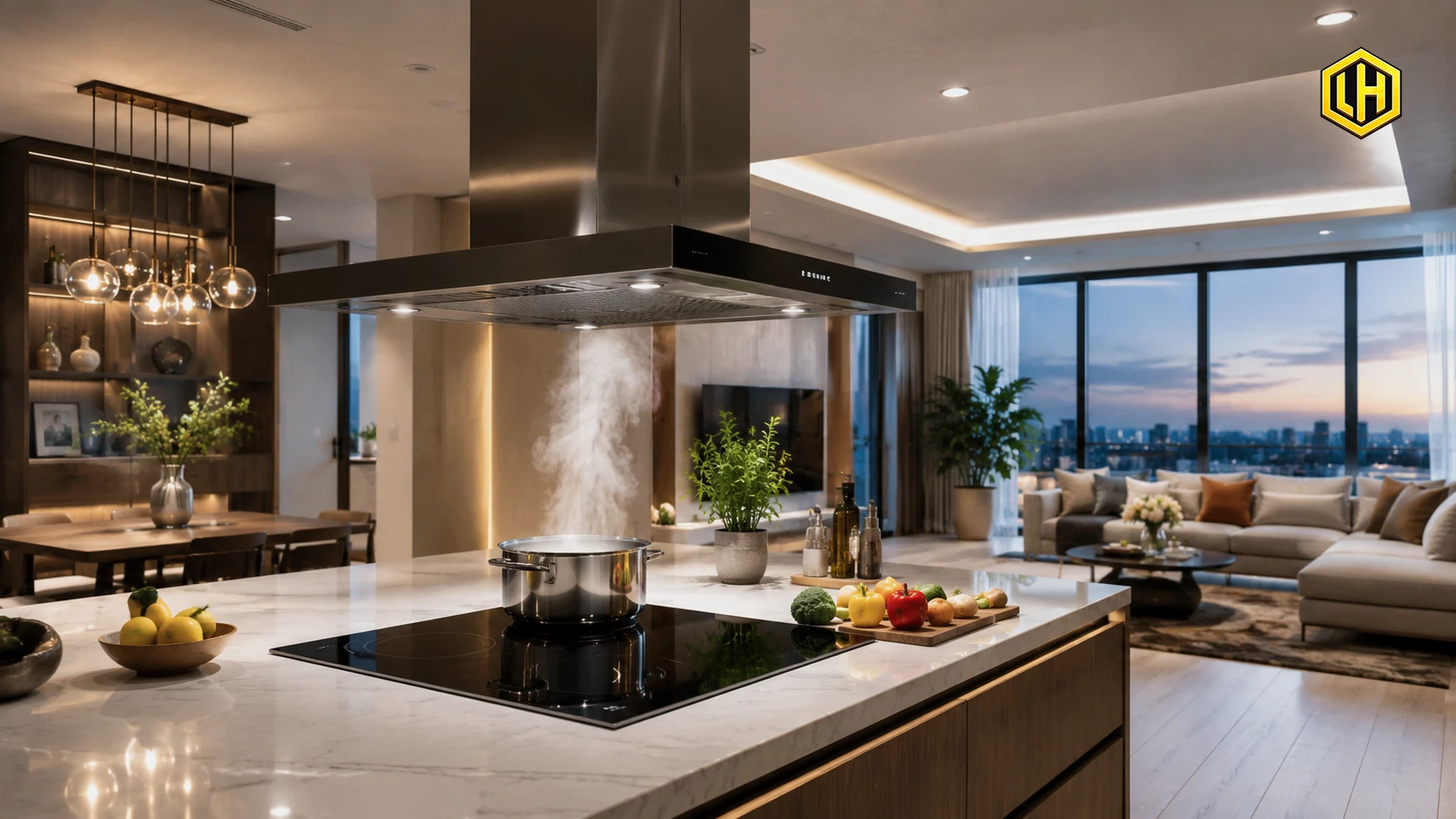 Bếp mở liền phòng khách hiện đại với máy hút mùi cao cấp
