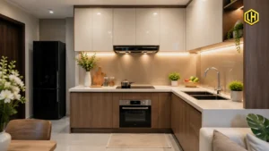 Bếp nhỏ hiện đại lắp máy hút mùi âm tủ gọn đẹp