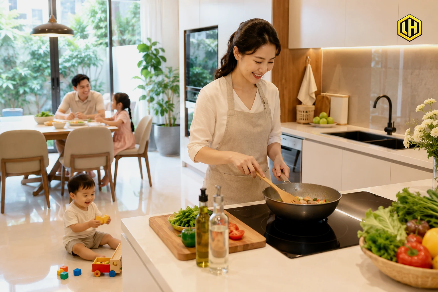 Gia đình có trẻ nhỏ sử dụng bếp từ âm an toàn và tiện lợi