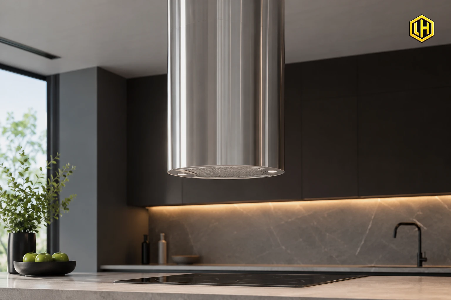 Máy hút mùi đảo dạng trụ tròn độc lập bằng inox cao cấp