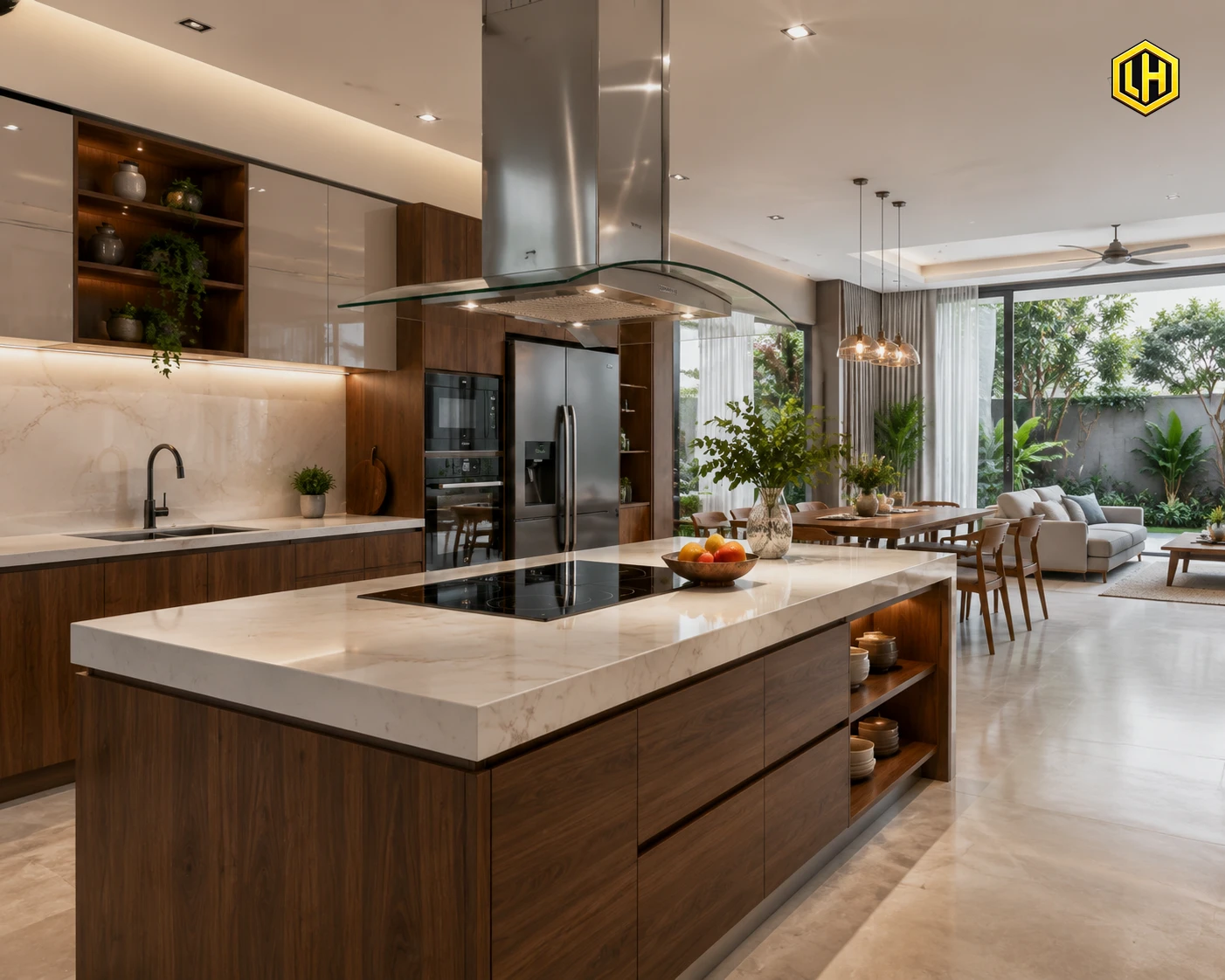 Máy hút mùi đảo kính cong lắp đặt cho bàn đảo bếp hiện đại