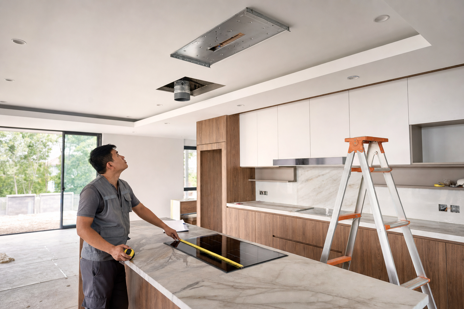 Kỹ thuật viên đo bếp đảo và kiểm tra vị trí treo máy trên trần