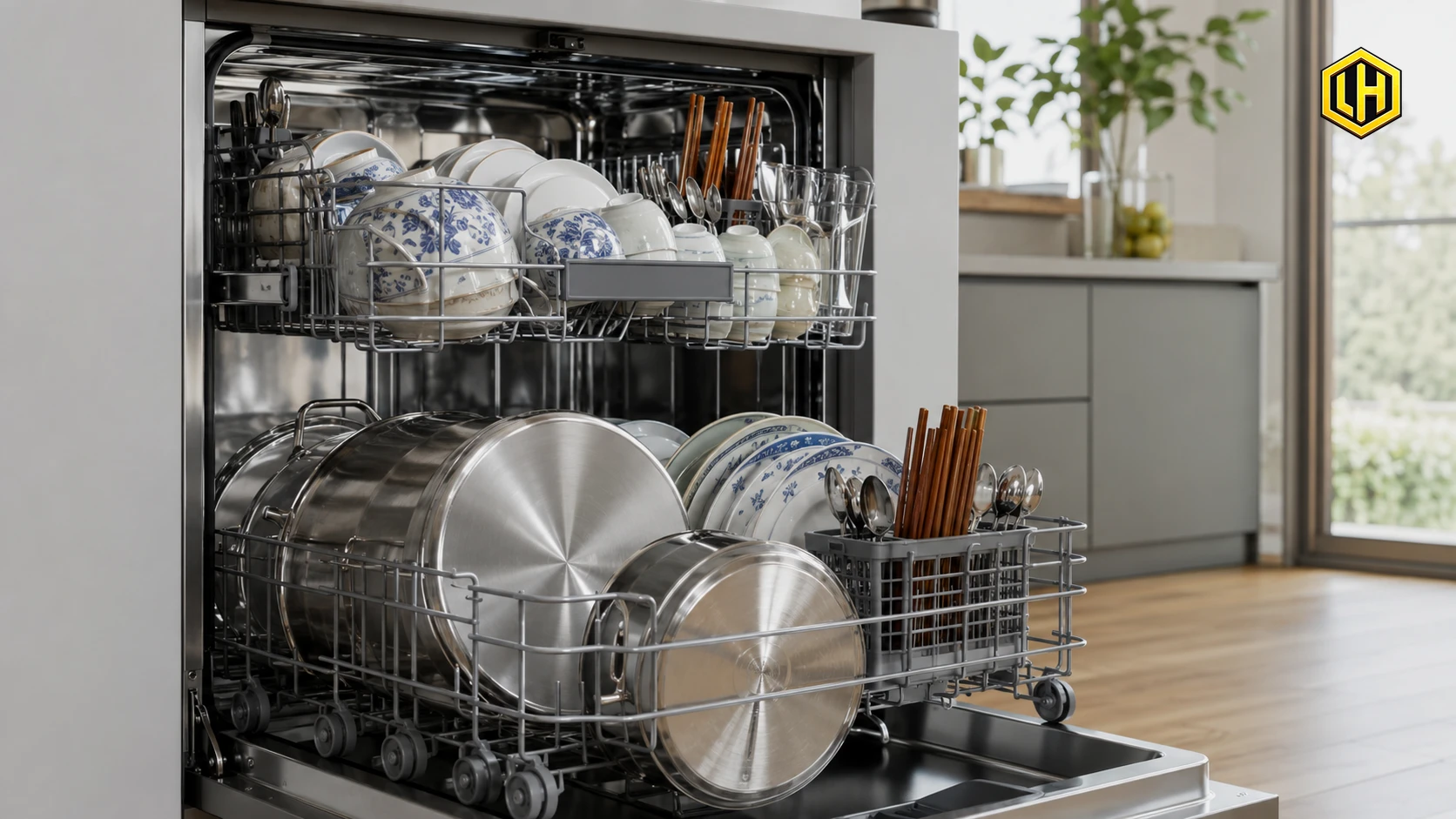 Cận cảnh cách xếp bát đĩa xoong nồi bên trong máy rửa bát 14 bộ