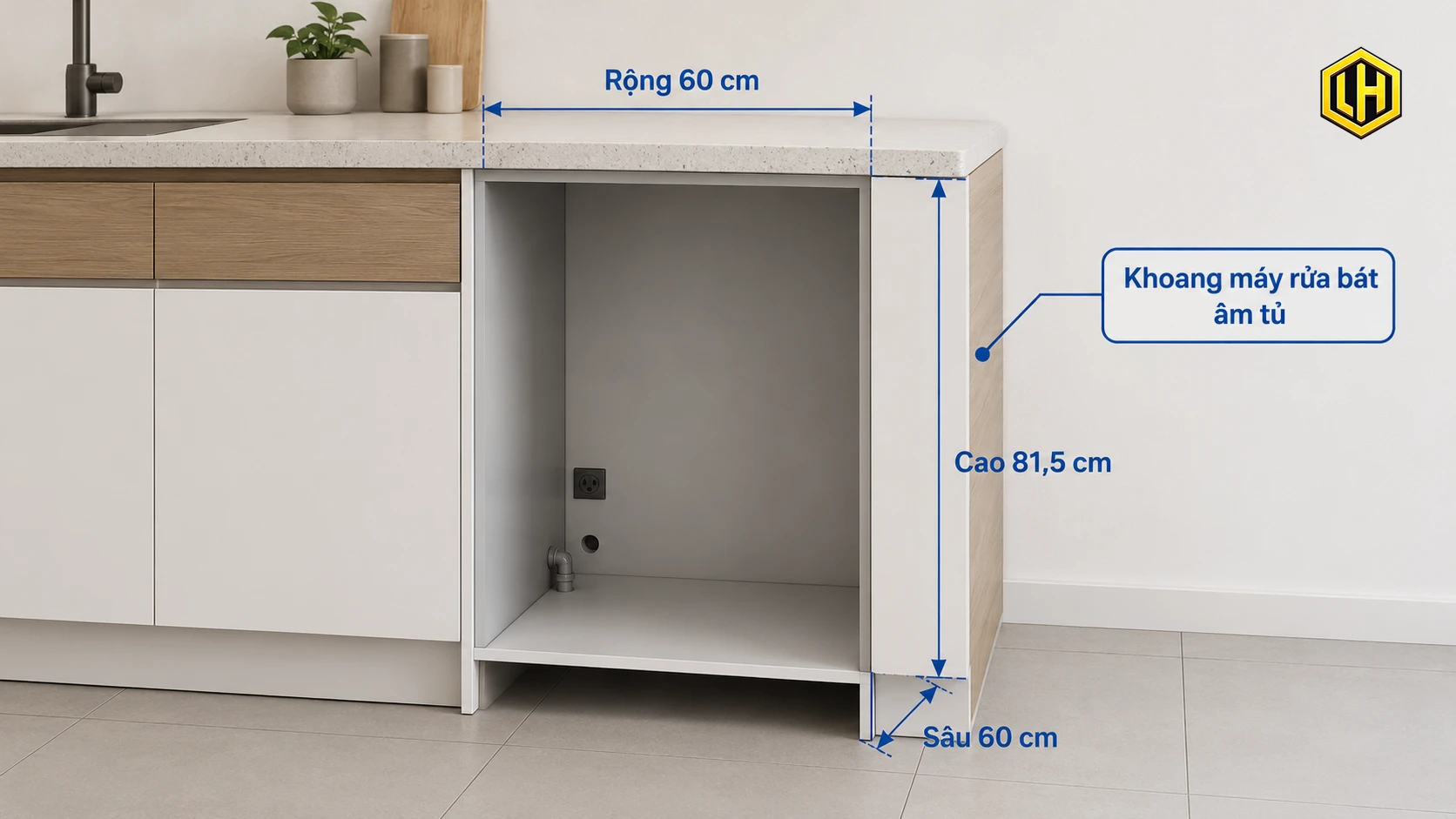 Sơ đồ kích thước khoét tủ tiêu chuẩn cho máy rửa bát âm tủ 12-14 bộ