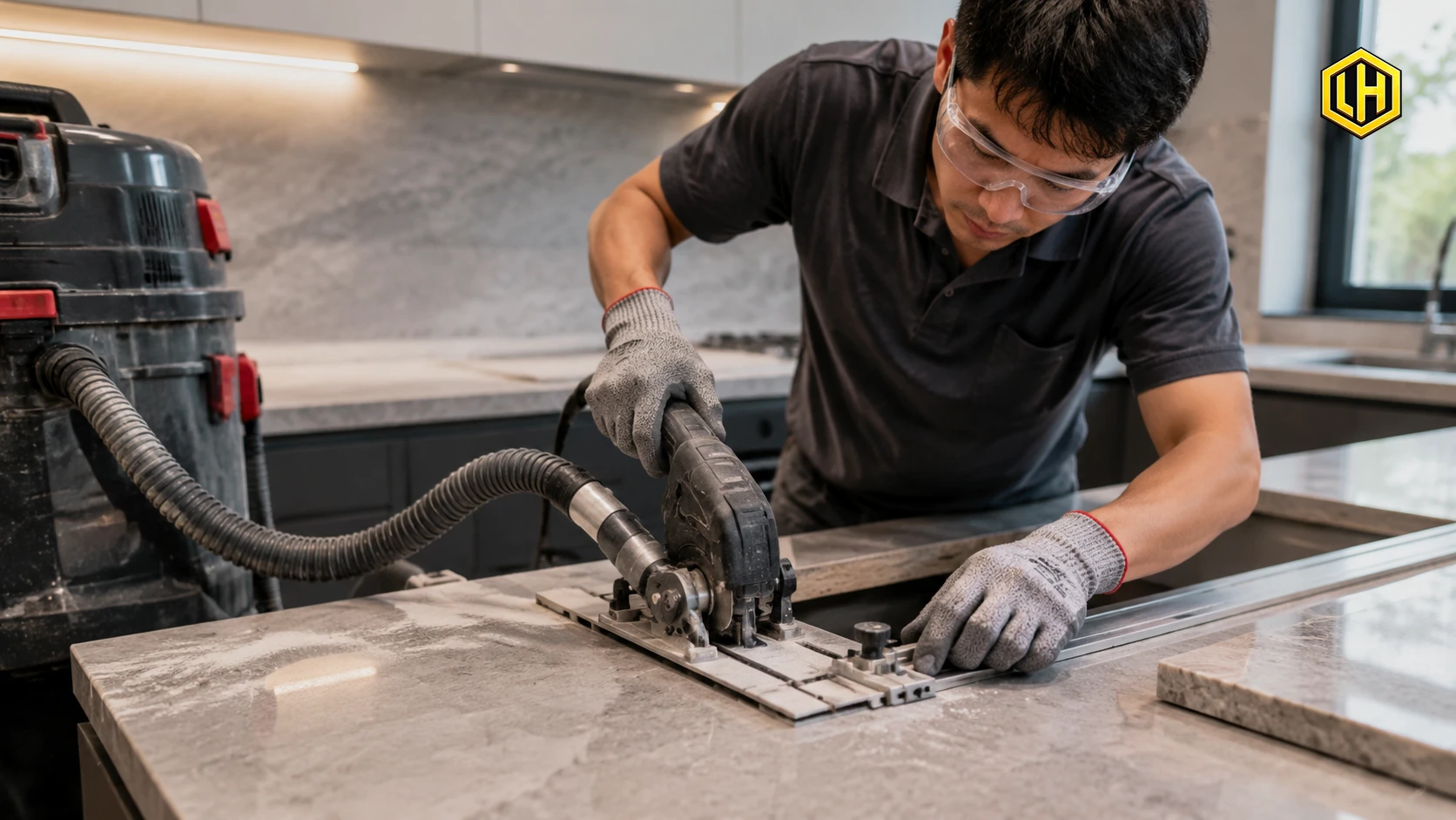 Kỹ thuật viên khoét đá bàn bếp chuẩn xác để lắp đặt bếp từ âm