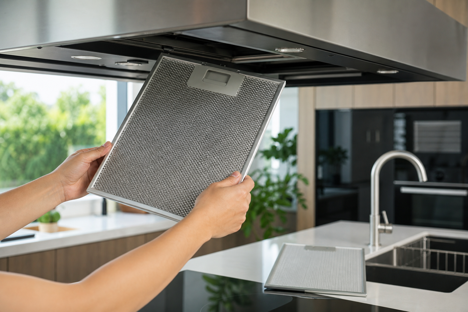 Lưới lọc mỡ kim loại của máy hút mùi được tháo vệ sinh